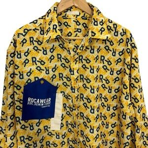 Vintage 90s Rocawear Button Down Shirt Mens L/XL Yellow Navy Logo Dress EUC